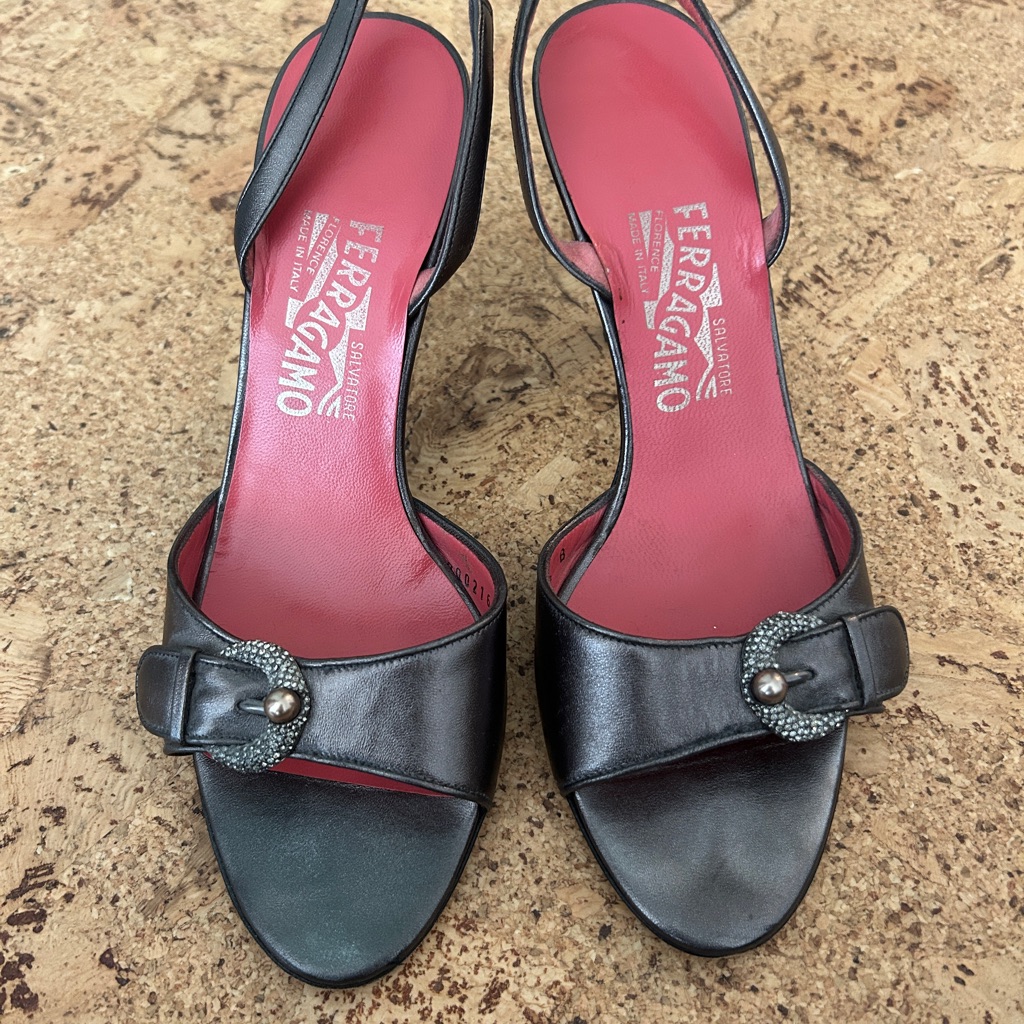 Salvatore Ferragamo Gray Metallic Detail Slingback